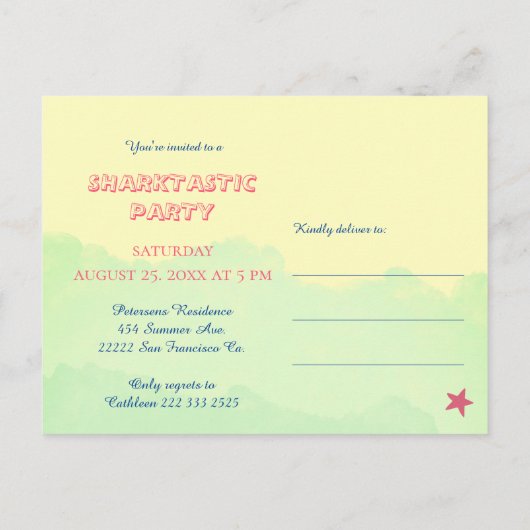 Tweede verjaardag schattig baby haai oceaan geel g uitnodiging briefkaart (Achterkant)