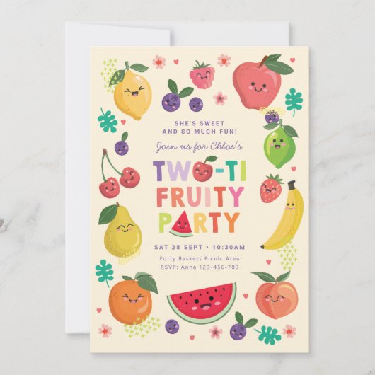 Tweede verjaardag uitnodigen, twee-tij fruitig fee kaart (Voorkant)