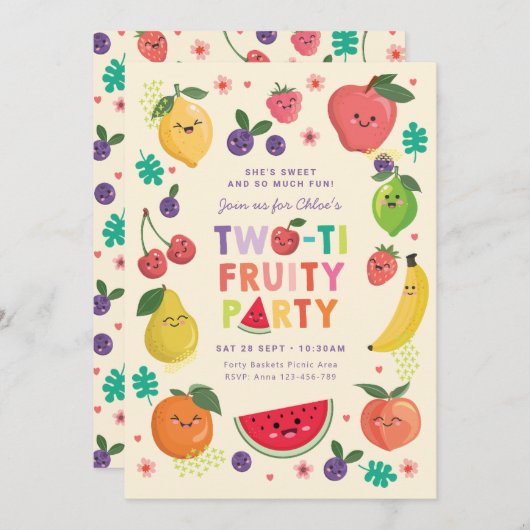 Tweede verjaardag uitnodigen, twee-tij fruitig fee kaart (Voorkant / Achterkant)