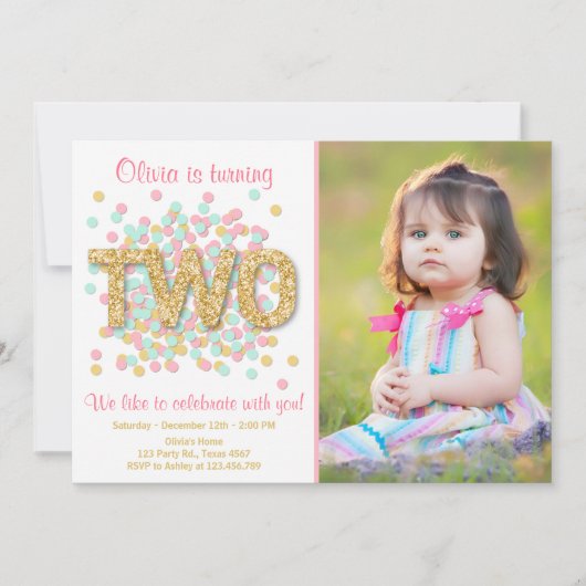 Tweede verjaardag uitnodiging meisje roze gouden m (Voorkant)