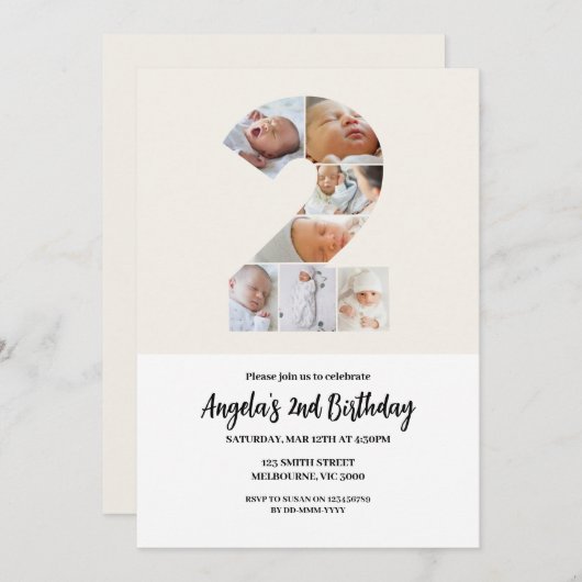 Tweede verjaardag uitnodiging minimalist - nummer (Voorkant / Achterkant)