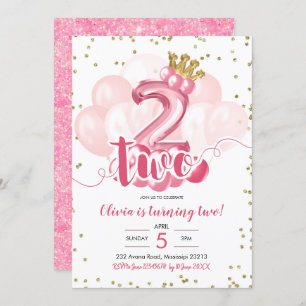 Tweede verjaardag van de roze en gouden kroonballo kaart