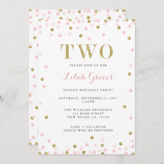 Tweede verjaardag van roze en goud kaart (Voorkant / Achterkant)