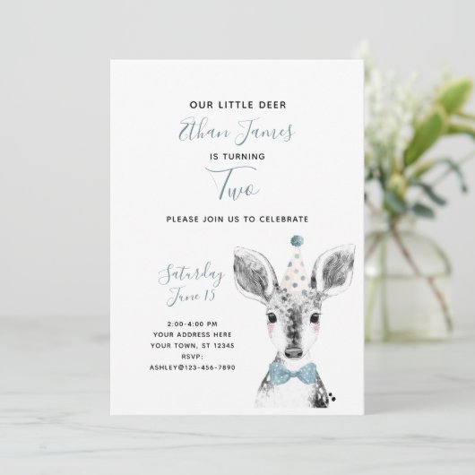 Tweede verjaardag zwart-wit blauw-kind kaart (Staand voorkant)