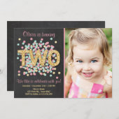 Tweede verjaardagsuitnodiging meisje roze goud min kaart (Voorkant / Achterkant)