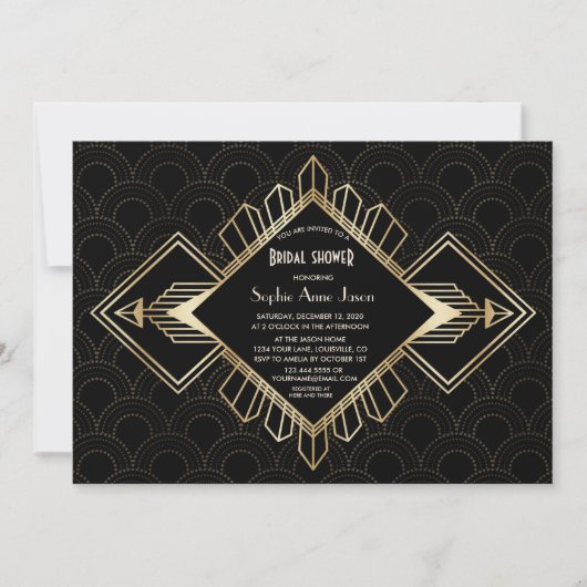 Tweedehands 20s Goud Zwart Great Gatsby Bruiloftsf Kaart (Voorkant)