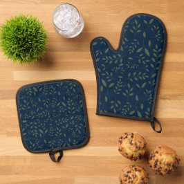 Tweedelige Saliegroene Bladeren Navy Patroon Ovenwant & Pannenlap Set