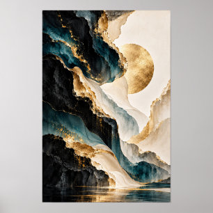 Tweekleurig zwart goud vloeiende abstracte zon muu poster