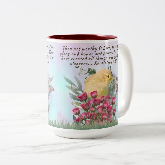 Tweekleurige koffie mok - bijbelvers en natuur sce (Voorkant rechts)