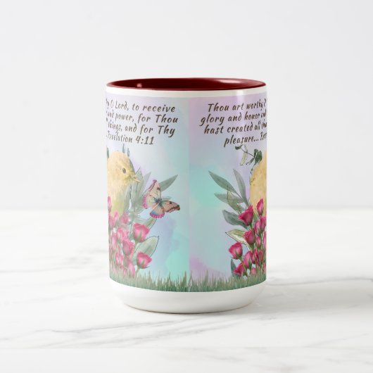 Tweekleurige koffie mok - bijbelvers en natuur sce (Center)