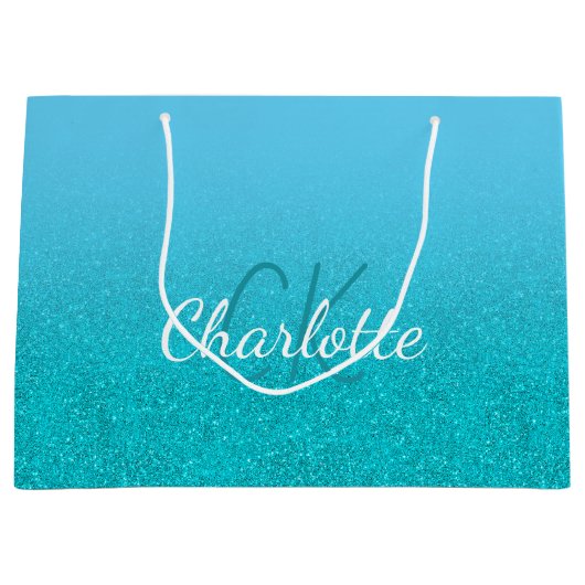 Tweekleurige turquoise glitters aqua monogram naam groot cadeauzakje (Voorkant)