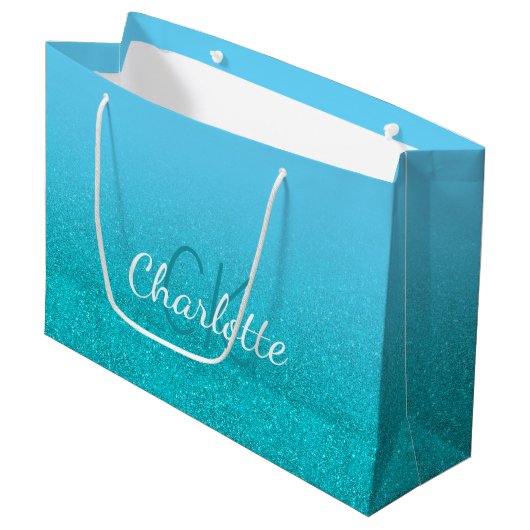 Tweekleurige turquoise glitters aqua monogram naam groot cadeauzakje (Voorkant Gekanteld)