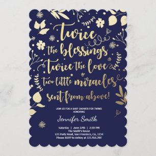 Tweelin Baby shower Invitation Gold Navy Floral Kaart