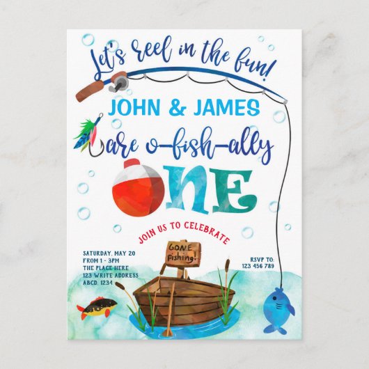 Tweeling 1e verjaardag O-vis-Ally, Kleine Visser Uitnodiging Briefkaart (Voorkant)