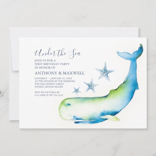 Tweeling 1e Verjaardag Waterverf Walvis Zeester Kaart (Voorkant)