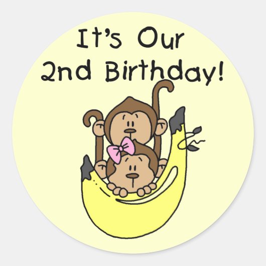 Tweeling Aap Jongen en Meisje 2e Verjaardag Ronde Sticker (Voorkant)