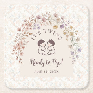 Tweeling Baby Shower Vintage Bloemstuk LPM26 Vierkante Kartonnen Onderzetter