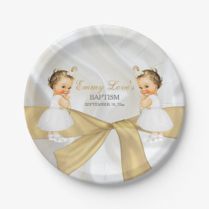 Tweeling babymeisjes doop christening goud wit papieren bordje
