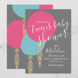 Tweeling babyshower kwast Boho ballon uitnodiging