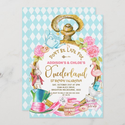 Tweeling Blauw Kijk Alice In Onederland Verjaardag Kaart (Voorkant / Achterkant)