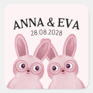 Tweeling Bunny Verjaardagsfeest met Roze Bril Vierkante Sticker