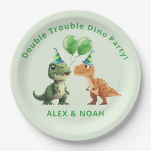 Tweeling Dinosaurus Verjaardag Papieren Bord Dubbe