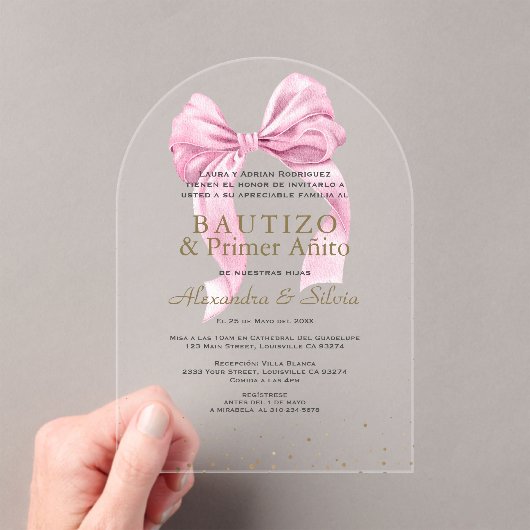 Tweeling Dochters Roze Strik Eerste Verjaardag Doo Acryl Uitnodigingen (Insitu (Draagbaar))