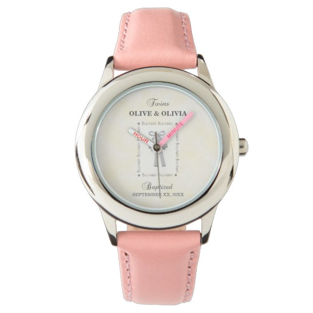 Tweeling Doop op Geel 2 Kruizen Gepersonaliseerd Horloge (Voorkant)