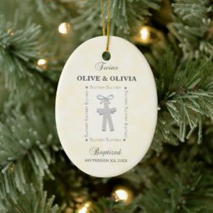 Tweeling Doop op Geel 2 Kruizen Gepersonaliseerd Keramisch Ornament
