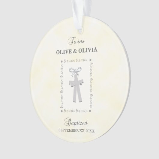 Tweeling Doop op Geel 2 Kruizen Gepersonaliseerd Ornament (voorkant)