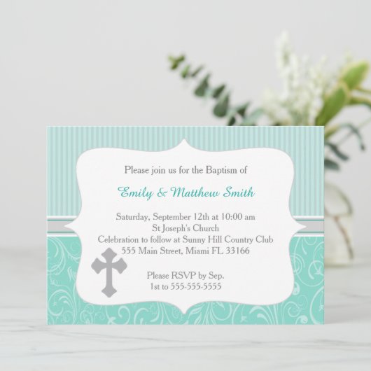Tweeling Doop Uitnodiging Kruis Turquoise (Staand voorkant)