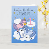Tweeling eerste verjaardag Kaart - Twee kleine pon (Gele Bloem)