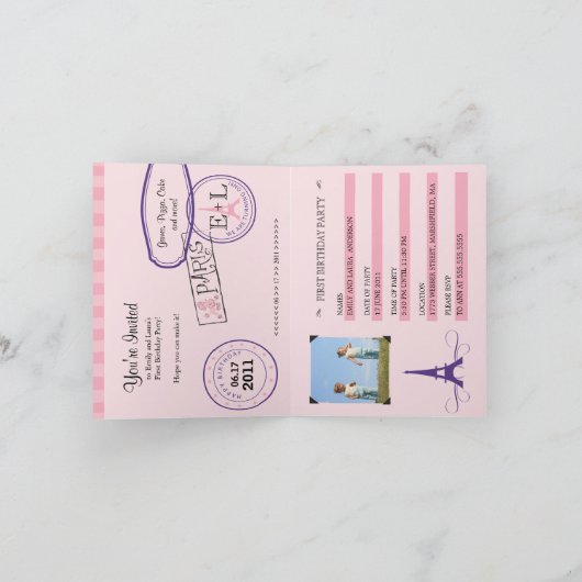 Tweeling eerste verjaardag Paris Passport Uitnodig (Binnen)
