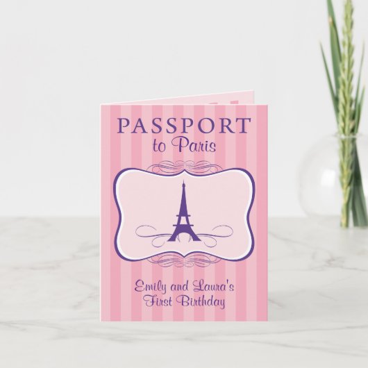 Tweeling eerste verjaardag Paris Passport Uitnodig (Voorkant)