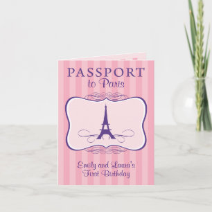 Tweeling eerste verjaardag Paris Passport Uitnodig