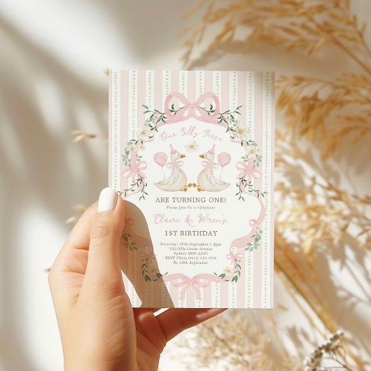 Tweeling Gekke Ganzen Roze Bow Verjaardag Meisjes Kaart