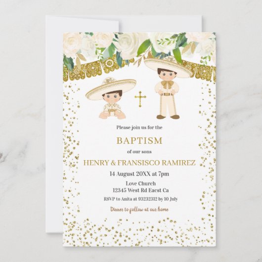 Tweeling Gouden Charro Jongen Doop Fiesta Kaart (Voorkant)