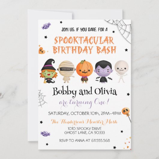 Tweeling Halloween Verjaardag Spooktacular Bash Kaart (Voorkant)