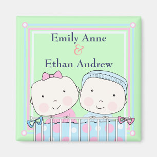 Tweeling in Wieg, Meisje en Jongen Baby Magnet Magneet