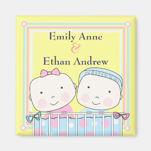 Tweeling in Wieg, Meisje en Jongen Baby Magnet Magneet