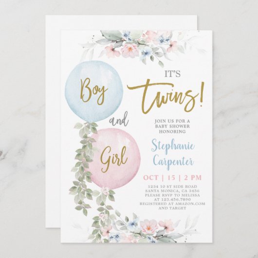 Tweeling Jongen en Meisje Baby Shower Uitnodiging (Voorkant / Achterkant)