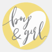 Tweeling "Jongen en Meisje" Grijs Geel Wit Hart Ronde Sticker (Voorkant)