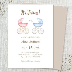 Tweeling Jongen en Meisje Wagen Baby Shower Kaart