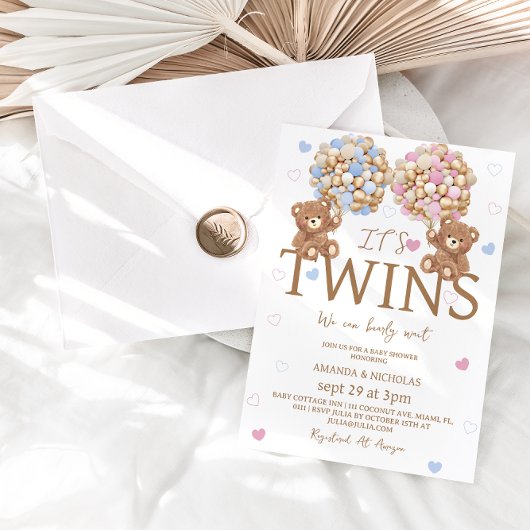 Tweeling Jongen Meisje Beer Ballonnen Rustic Baby Kaart