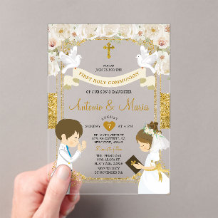 Tweeling Jongen & Meisje Witte Bloem 1e Heilige Co Acryl Uitnodigingen