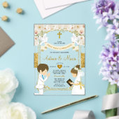 Tweeling Jongen & Meisje Witte Bloem 1e Heilige Co Acryl Uitnodigingen (Insitu (Huwelijk))