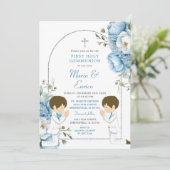 Tweeling Jongens Bidden 1e Communie Dusty Blue Arc Kaart (Staand voorkant)
