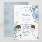 Tweeling Jongens Bidden 1e Communie Dusty Blue Arc Kaart (Voorkant / Achterkant)
