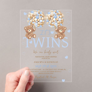 Tweeling Jongens Blauwe Beer Baby Shower Acryl Uitnodigingen