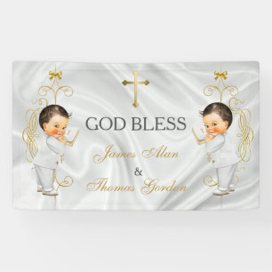 Tweeling Jongens Doop Christening Goud Spandoek